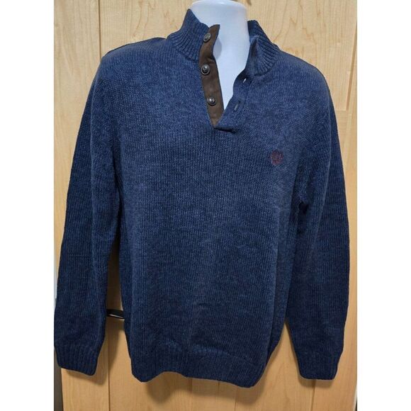 Chaps Navy Blue Mens Pullover Sweater W/ Brown Suede Elbow Patches Button Collar - Picture 1 of 8